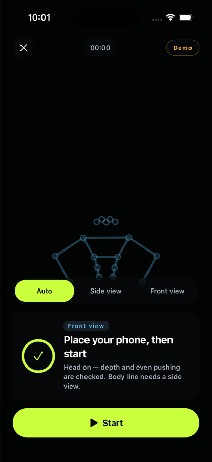 The Auto, Side view and Front view camera placement switch above the start button.