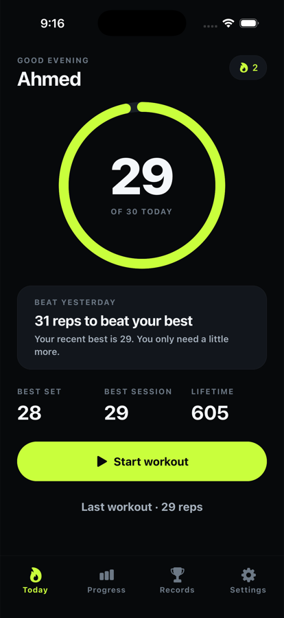 Today screen showing the day's rep total, streak and a large Start workout button.