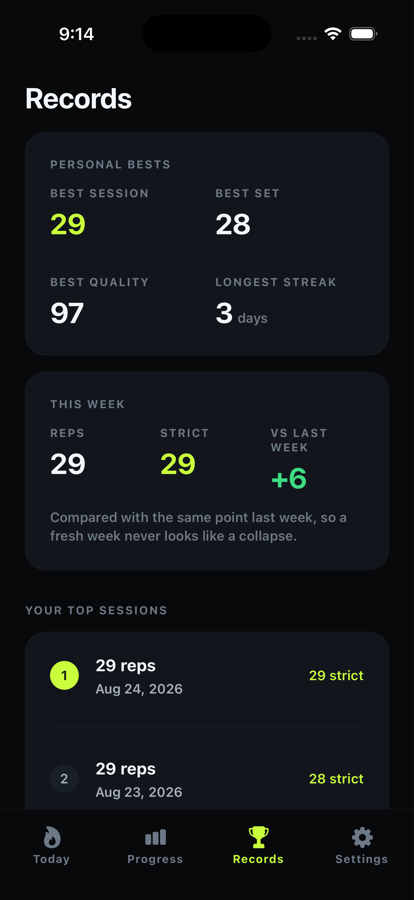Records screen listing best set, best session and longest streak.
