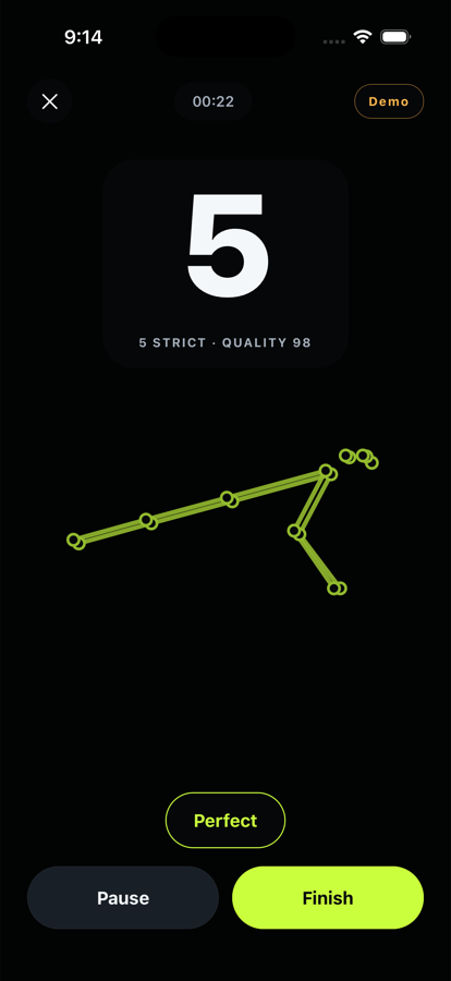 Workout screen counting reps from a side-on camera placement, with tracking lines drawn on the athlete.
