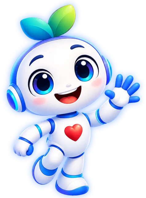 The Kidiverse mascot, a small white robot with a leaf sprout and a red heart, waving