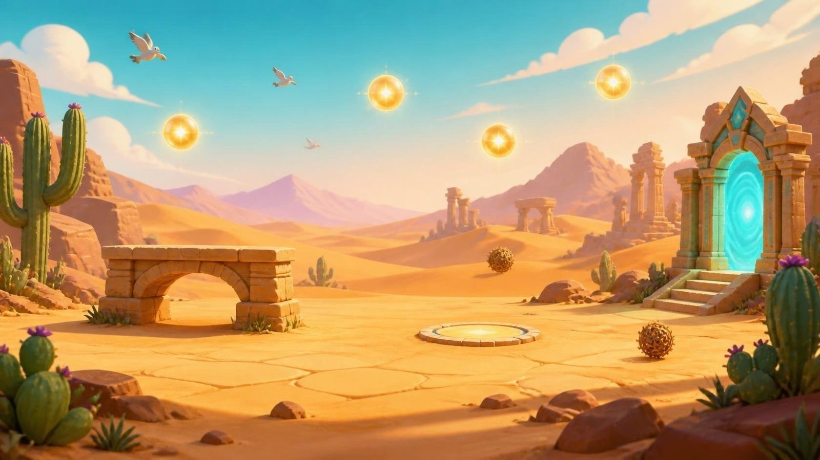 A sunlit desert of dunes, cacti and an old stone arch, the setting for Desert