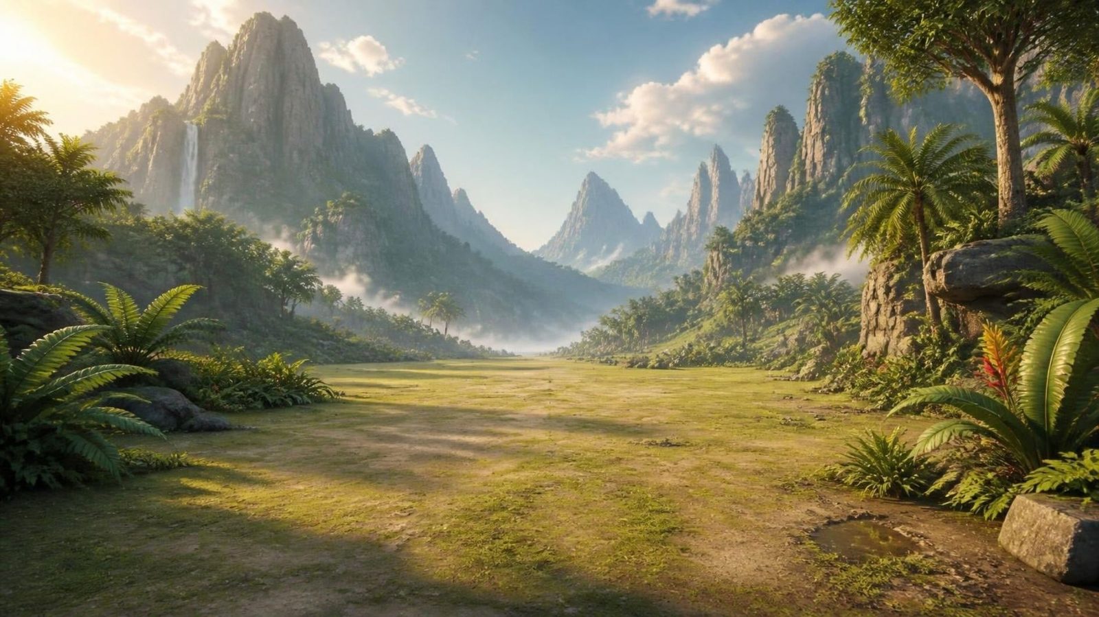 A prehistoric valley of ferns, a winding path and tall rock spires, the setting for Dinosaurs