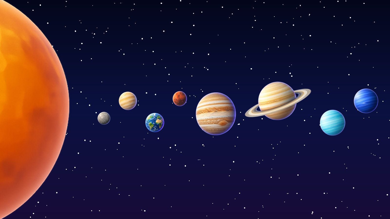 The Sun at the edge of a starry sky, with the eight planets in a line from Mercury out to Neptune, the setting for Planets
