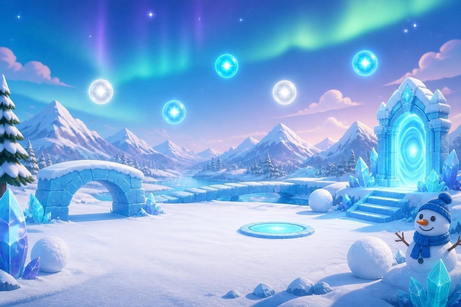 Snowy mountains under the northern lights, with an ice arch and a snowman, the setting for Snow