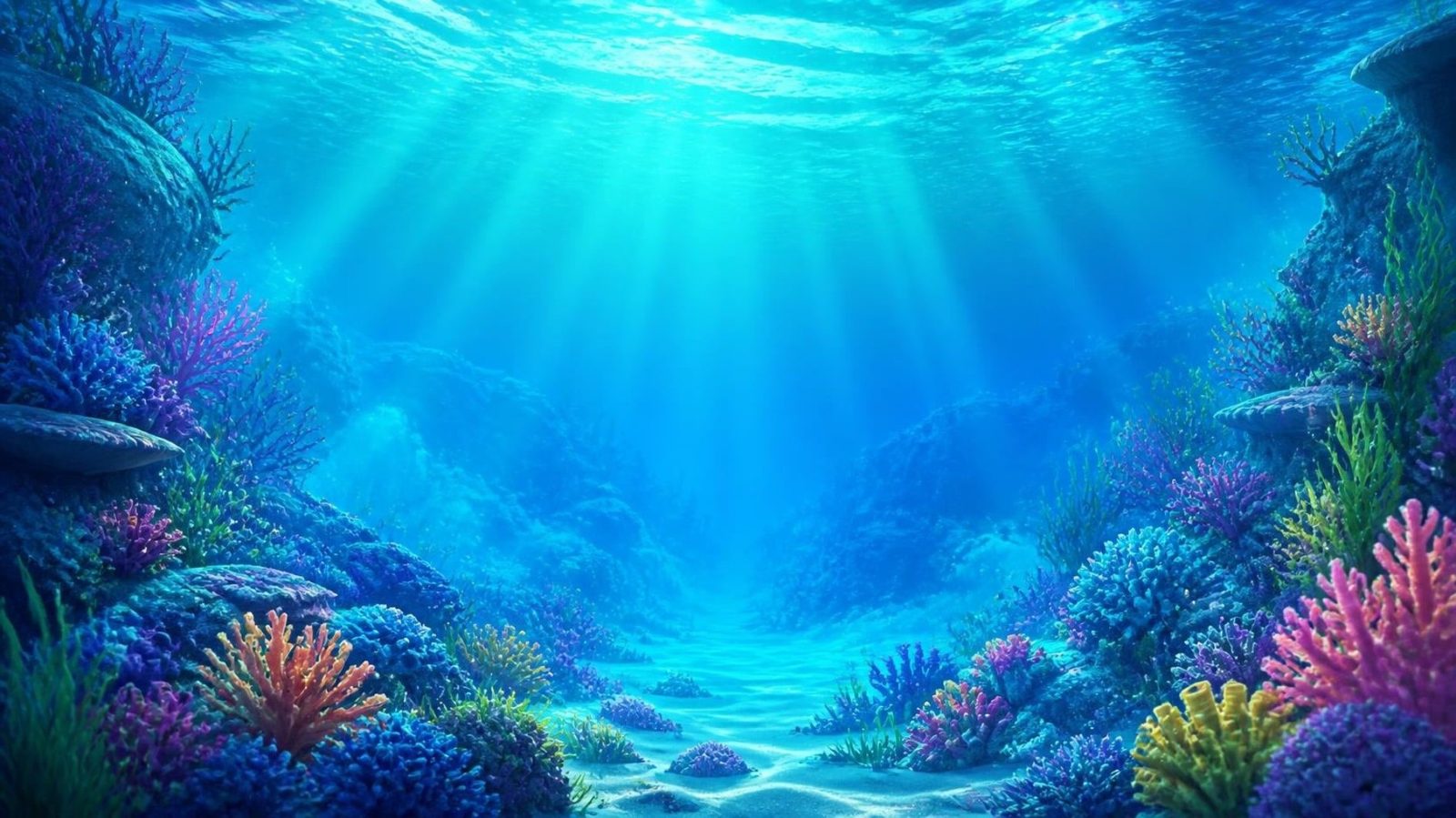 Sunlight falling through clear blue water onto a coral reef, the setting for Under the Sea