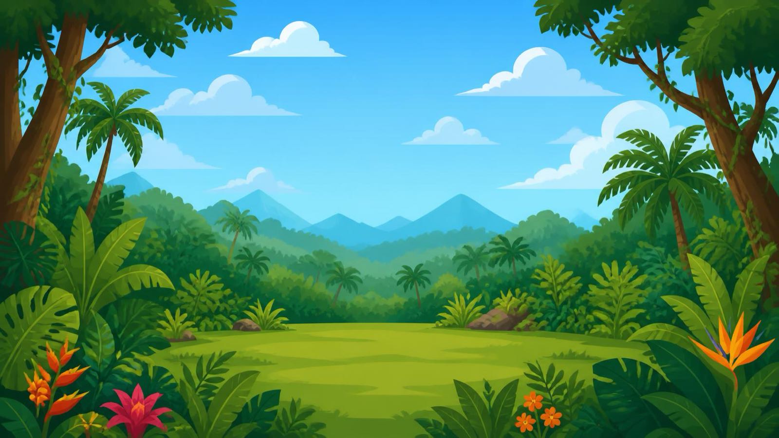 A deeper jungle valley framed by palms, the setting for Lab