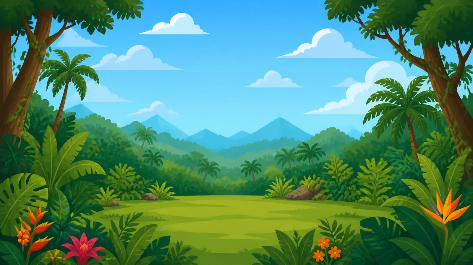 A flat-vector jungle clearing under an open sky, the setting for Weather